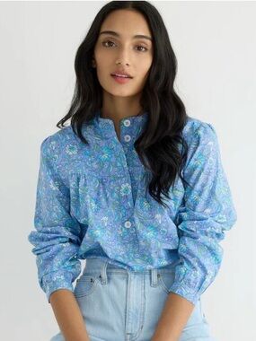 J.Crew Blue Green Floral Cotton Button Fresco Top Poplin- S